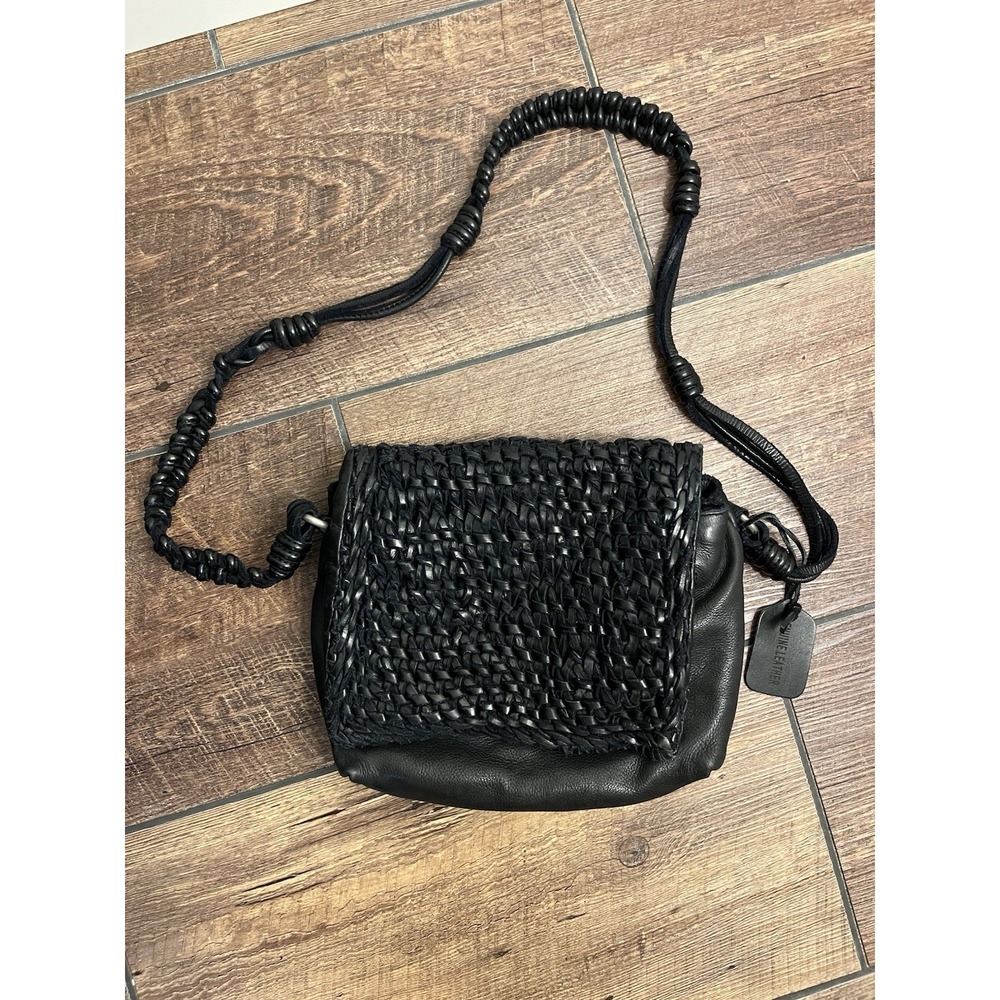 Woven Genuine Leather Bag Crossbody Shoulder Black Intrecciato Style Minimalist